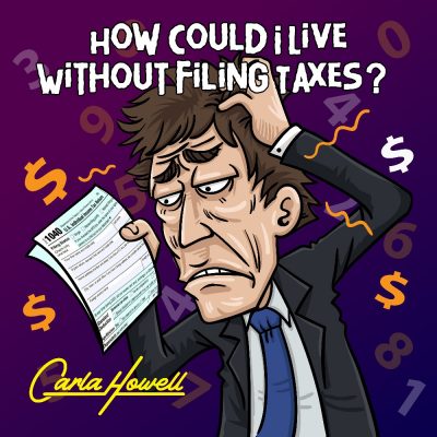 Cartoon of a frustrated taxpayer holding 1040 tax form he’s trying to file while pulling out hair in anguish.